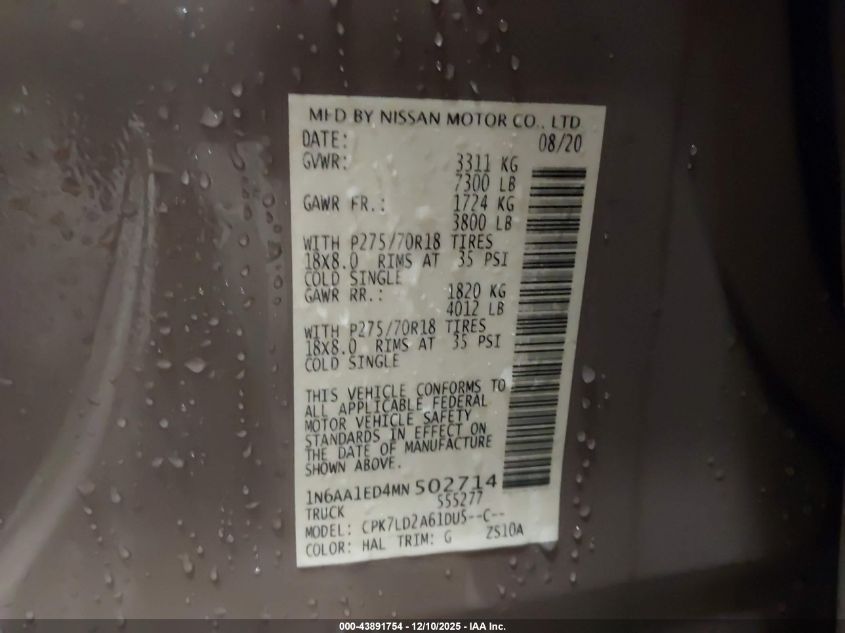 2021 Nissan Titan Pro-4X 4X4 VIN: 1N6AA1ED4MN502714 Lot: 43891754
