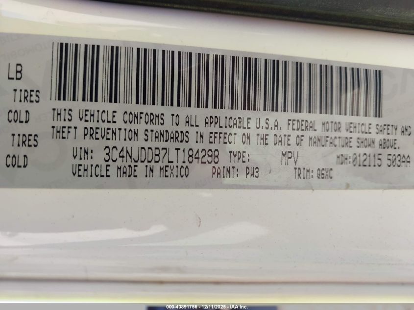2020 Jeep Compass Trailhawk 4X4 VIN: 3C4NJDDB7LT184298 Lot: 43891756