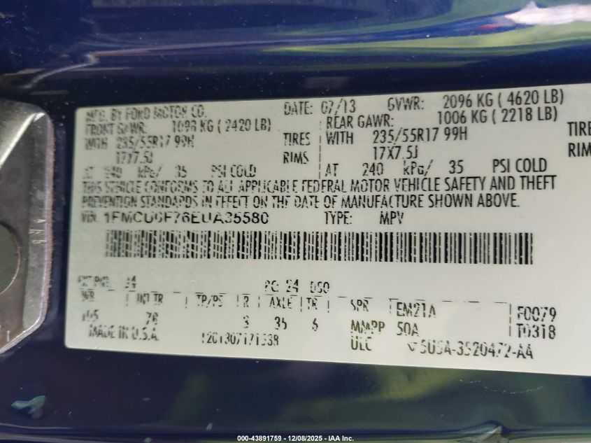 2014 Ford Escape S VIN: 1FMCU0F76EUA35580 Lot: 43891759