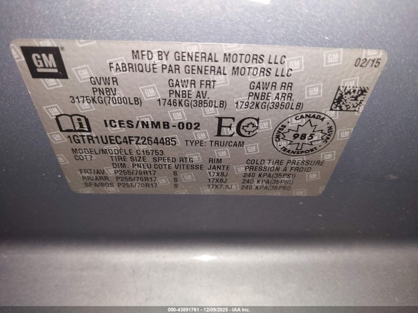 2015 GMC Sierra 1500 Sle VIN: 1GTR1UEC4FZ264485 Lot: 43891761