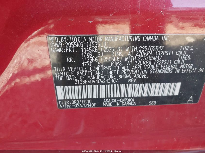 2012 Toyota Rav4 VIN: 2T3BF4DV1CW213107 Lot: 43891764