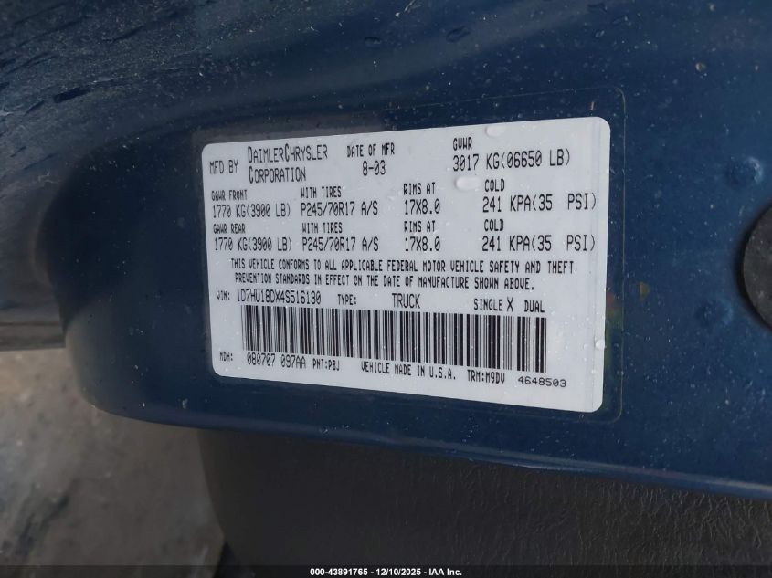 2004 Dodge Ram 1500 Slt/Laramie VIN: 1D7HU18DX4S516130 Lot: 43891765