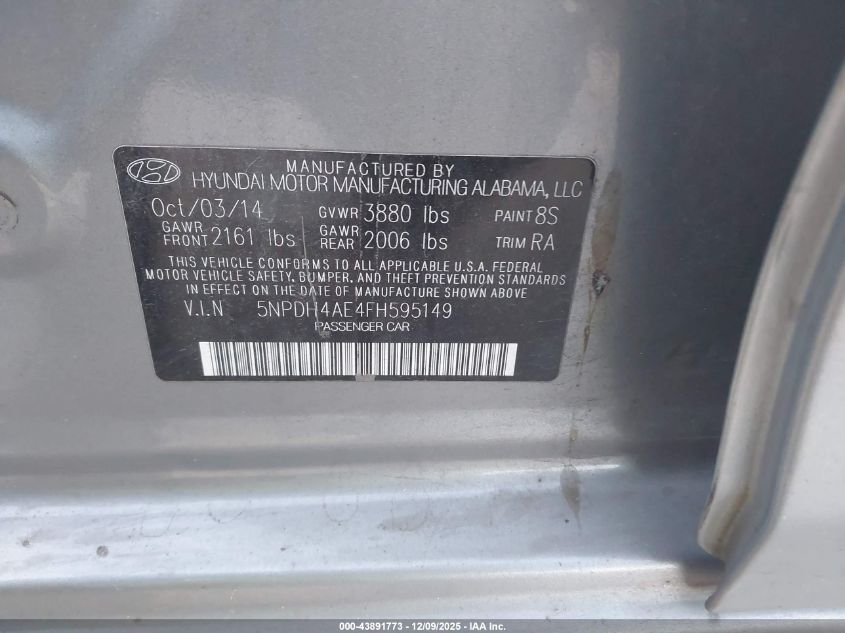 2015 Hyundai Elantra Limited VIN: 5NPDH4AE4FH595149 Lot: 43891773