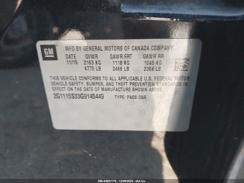 2016 Chevrolet Impala 2Lt VIN: 2G1115S33G9145449 Lot: 43891778