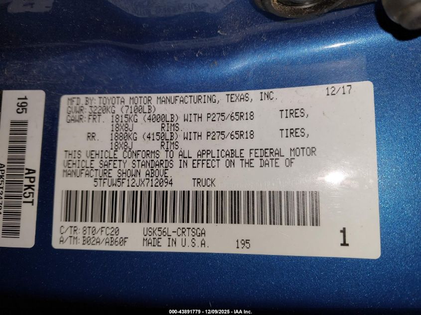 2018 Toyota Tundra Sr5 5.7L V8 VIN: 5TFUW5F12JX712094 Lot: 43891779