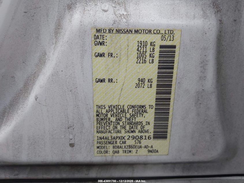 2013 Nissan Altima 2.5 Sl VIN: 1N4AL3APXDC290816 Lot: 43891780