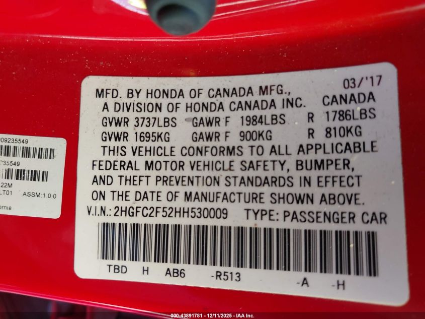 2017 Honda Civic Lx VIN: 2HGFC2F52HH530009 Lot: 43891781