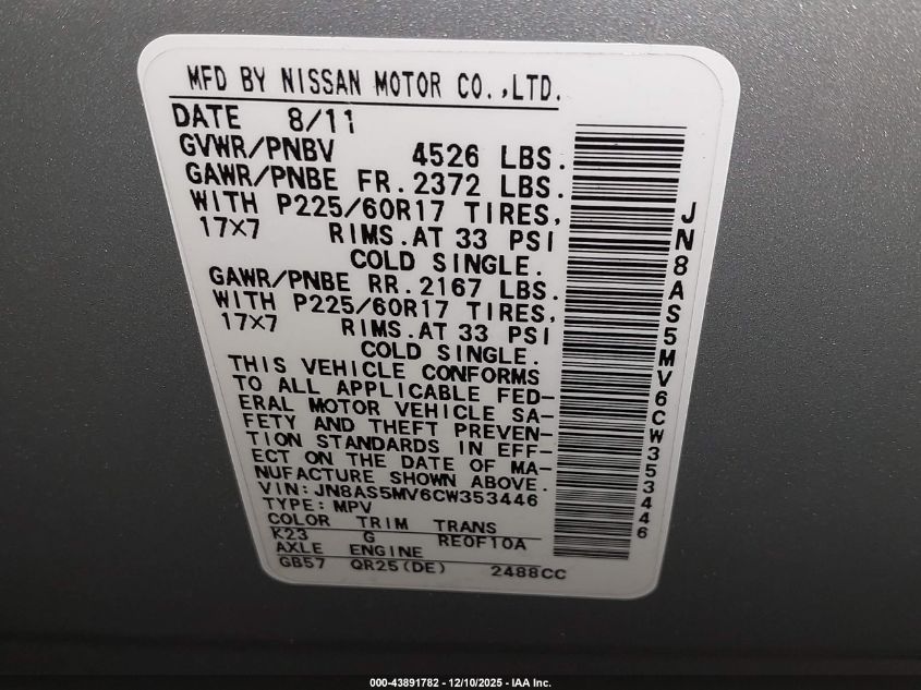 2012 Nissan Rogue Sv VIN: JN8AS5MV6CW353446 Lot: 43891782