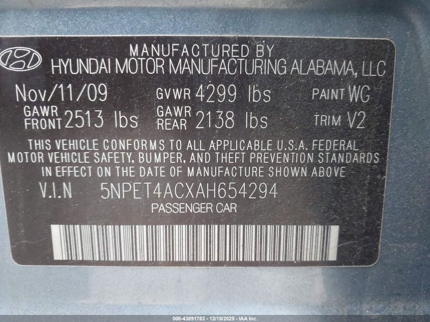 2010 Hyundai Sonata Gls VIN: 5NPET4ACXAH654294 Lot: 43891783