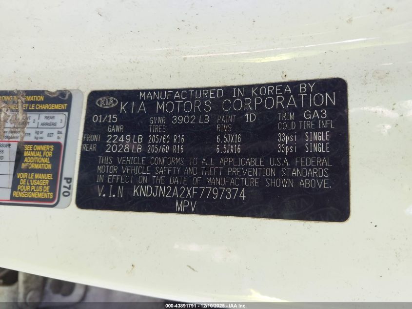 2015 Kia Soul VIN: KNDJN2A2XF7797374 Lot: 43891791