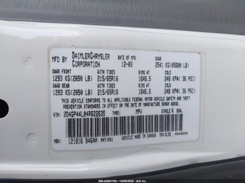 2004 Dodge Grand Caravan Sxt VIN: 2D4GP44L04R622635 Lot: 43891793
