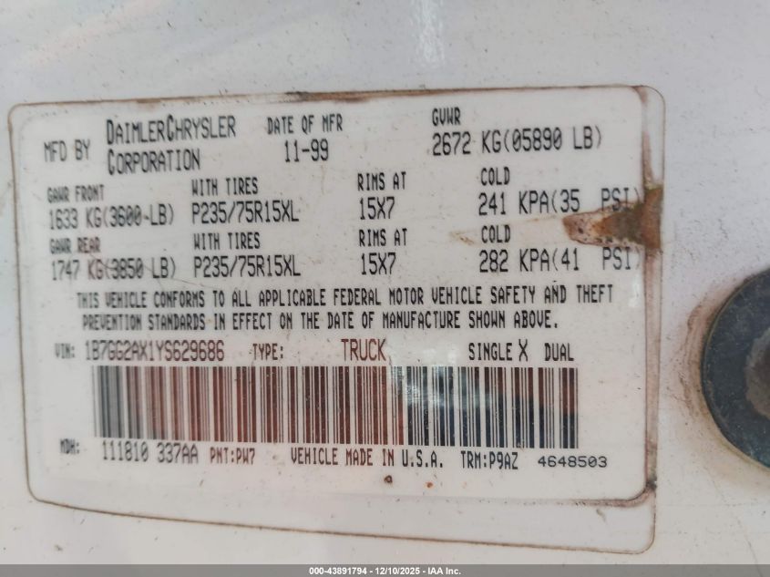 2000 Dodge Dakota Slt/Sport VIN: 1B7GG2AX1YS629686 Lot: 43891794