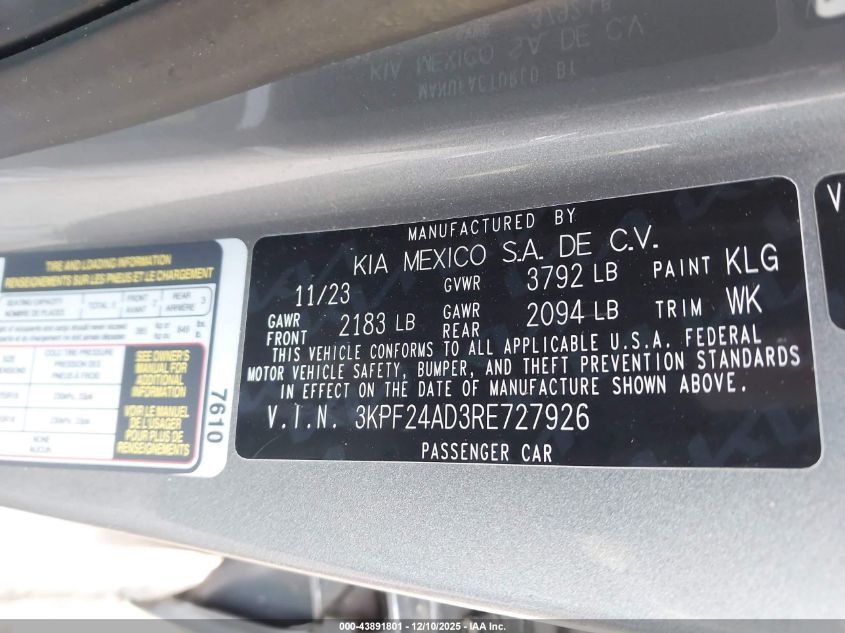 2024 Kia Forte Lxs VIN: 3KPF24AD3RE727926 Lot: 43891801