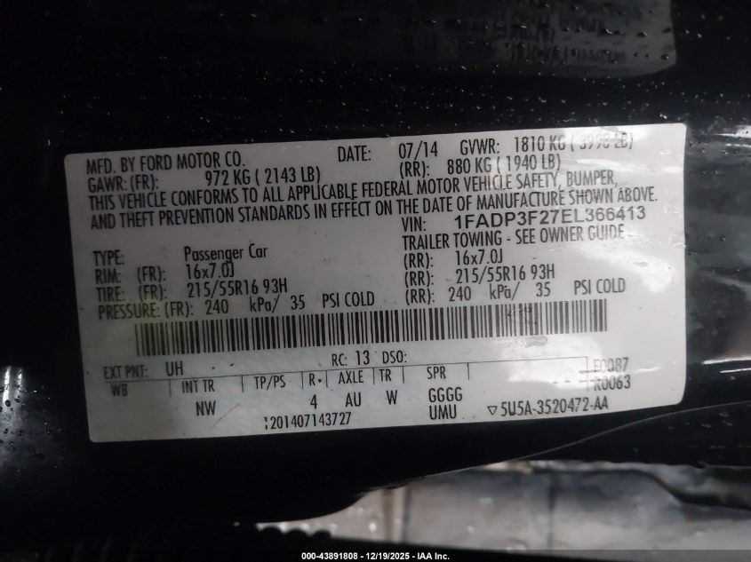 2014 Ford Focus Se VIN: 1FADP3F27EL366413 Lot: 43891808