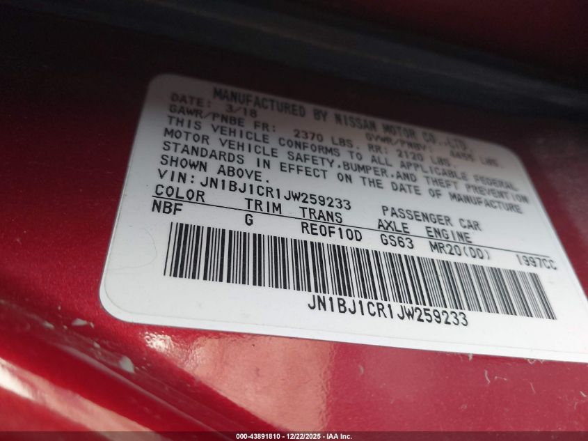 2018 Nissan Rogue Sport S VIN: JN1BJ1CR1JW259233 Lot: 43891810