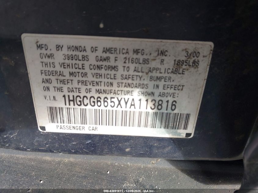 2000 Honda Accord 2.3 Lx VIN: 1HGCG665XYA113816 Lot: 43891811