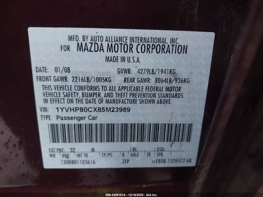 2008 Mazda Mazda6 I Sport Ve VIN: 1YVHP80CX85M23989 Lot: 43891814