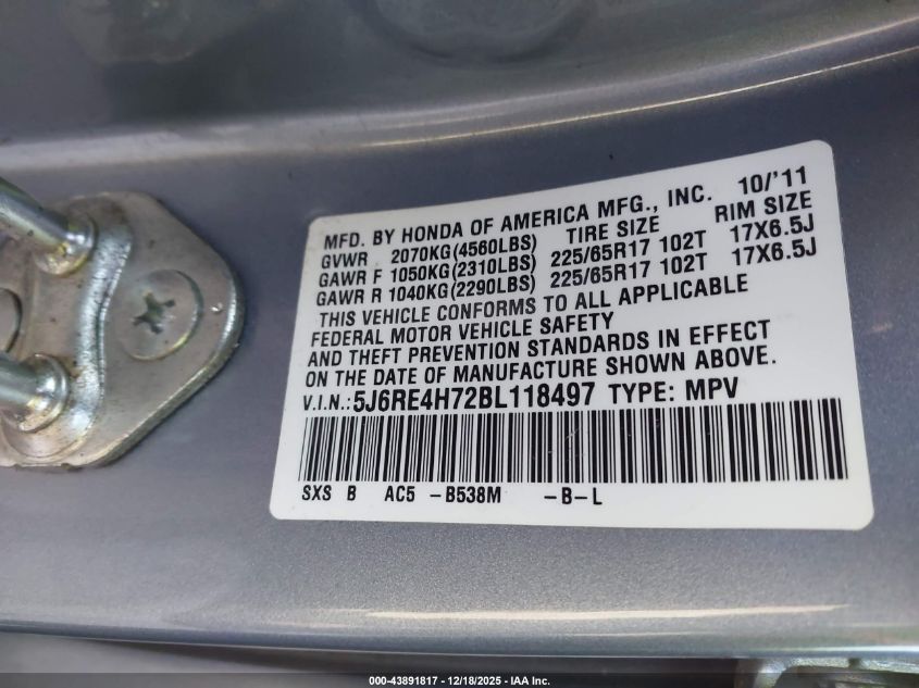 2011 Honda Cr-V Ex-L VIN: 5J6RE4H72BL118497 Lot: 43891817