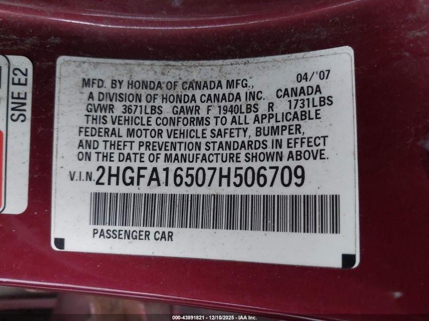 2007 Honda Civic Lx VIN: 2HGFA16507H506709 Lot: 43891821