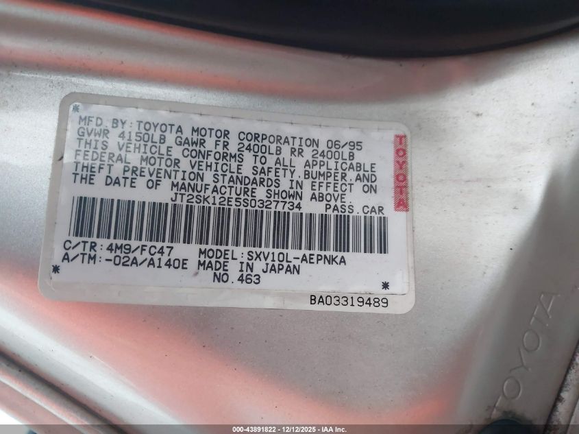 1995 Toyota Camry Le VIN: JT2SK12E5S0327734 Lot: 43891822