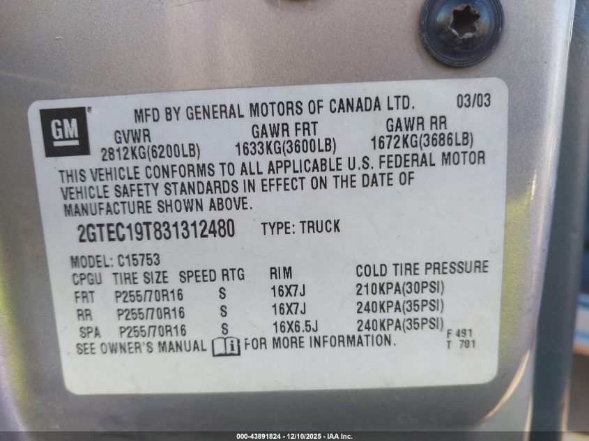 2003 GMC Sierra 1500 Sle VIN: 2GTEC19T831312480 Lot: 43891824