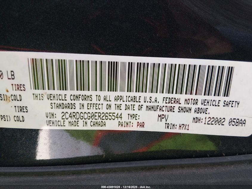 2014 Dodge Grand Caravan Sxt VIN: 2C4RDGCG0ER265544 Lot: 43891828