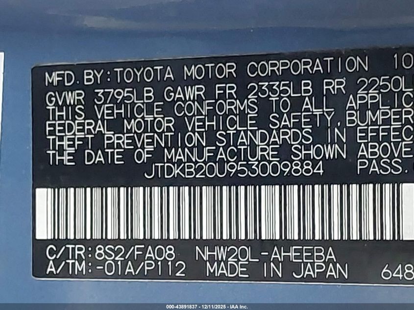 2005 Toyota Prius VIN: JTDKB20U953009884 Lot: 43891837