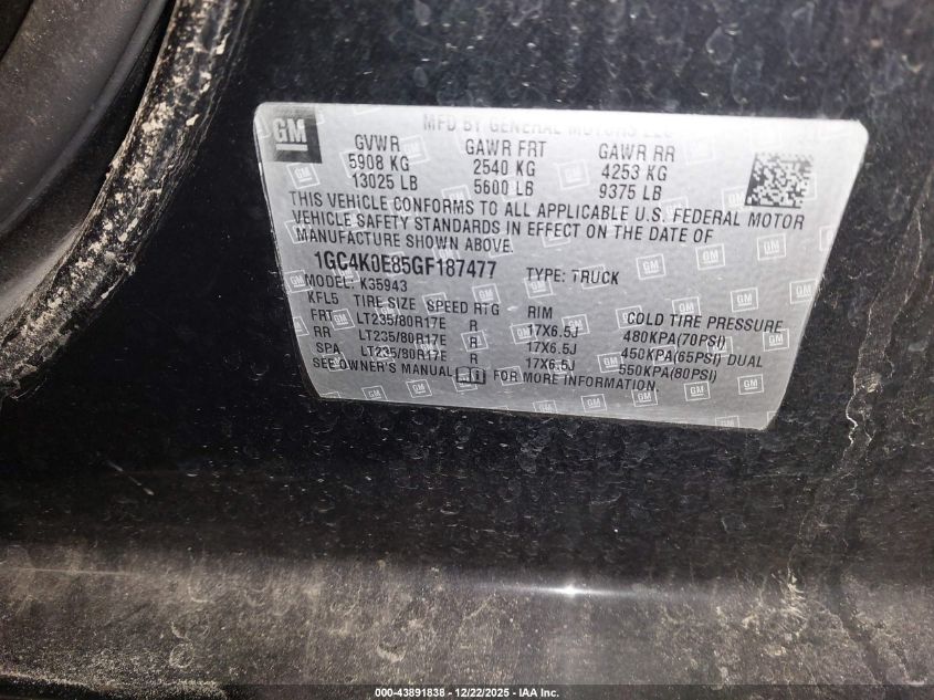 2016 Chevrolet Silverado 3500Hd Ltz VIN: 1GC4K0E85GF187477 Lot: 43891838