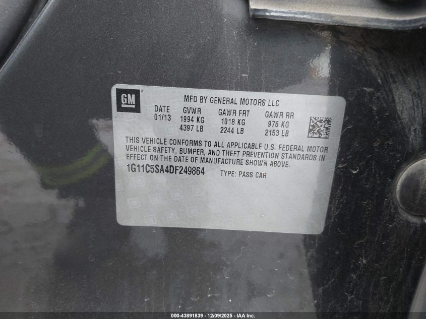 2013 Chevrolet Malibu 1Lt VIN: 1G11C5SA4DF249864 Lot: 43891839