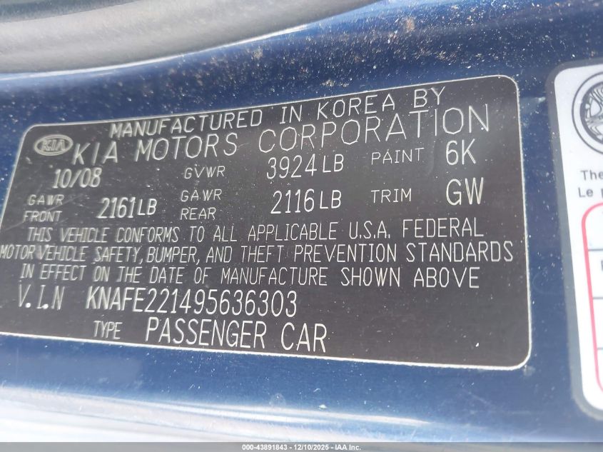 2009 Kia Spectra Ex VIN: KNAFE221495636303 Lot: 43891843