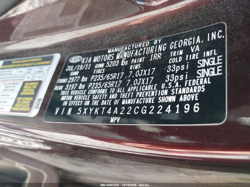 2012 Kia Sorento Lx V6 VIN: 5XYKT4A22CG224196 Lot: 43891845