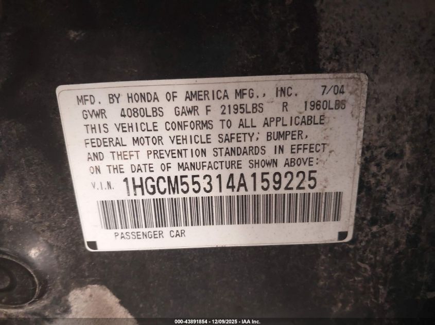 2004 Honda Accord 2.4 Lx VIN: 1HGCM55314A159225 Lot: 43891854