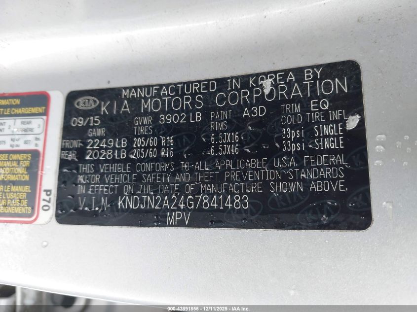 2016 Kia Soul ! VIN: KNDJN2A24G7841483 Lot: 43891856