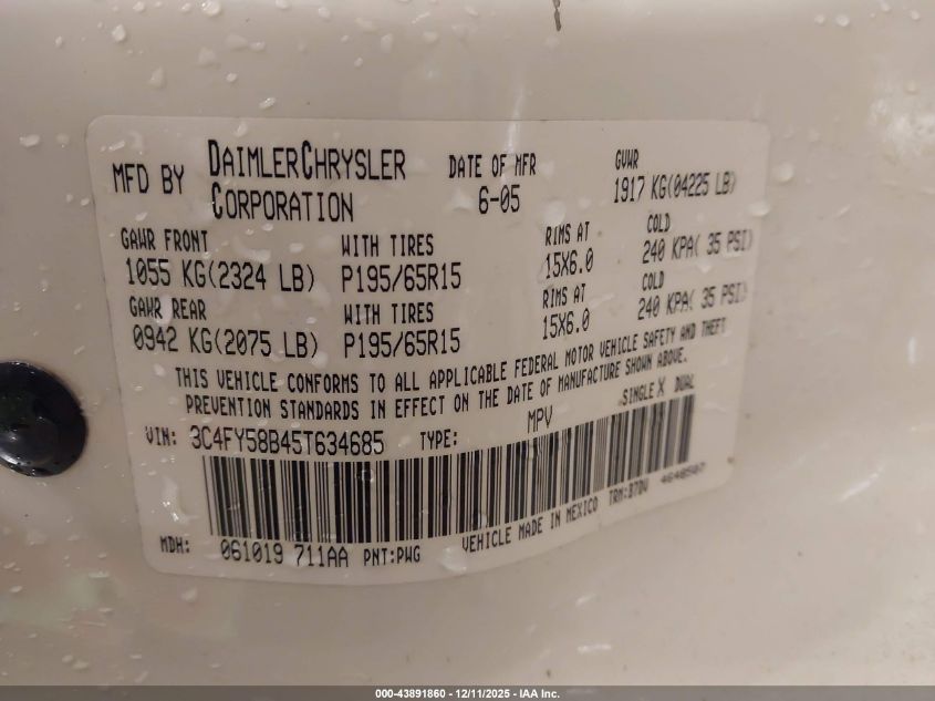 2005 Chrysler Pt Cruiser Touring VIN: 3C4FY58B45T634685 Lot: 43891860