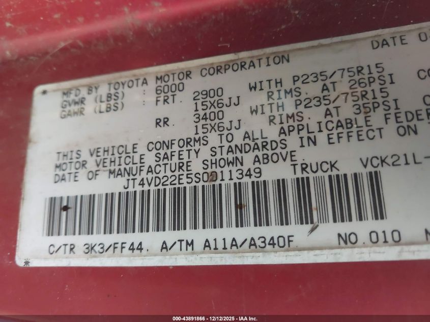 1995 Toyota T100 Xtracab Dx VIN: JT4VD22E5S0011349 Lot: 43891866
