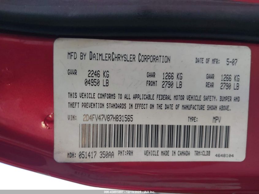 2007 Dodge Magnum VIN: 2D4FV47V87H831565 Lot: 43891897
