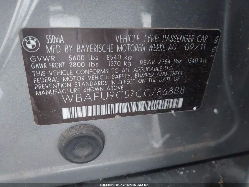 2012 BMW 550I xDrive VIN: WBAFU9C57CC786888 Lot: 43891912