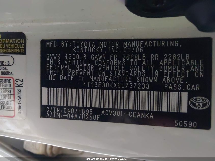 2006 Toyota Camry Le VIN: 4T1BE30KX6U737233 Lot: 43891915