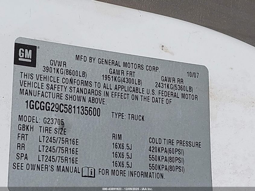 2008 Chevrolet Express Work Van VIN: 1GCGG29C581135600 Lot: 43891923