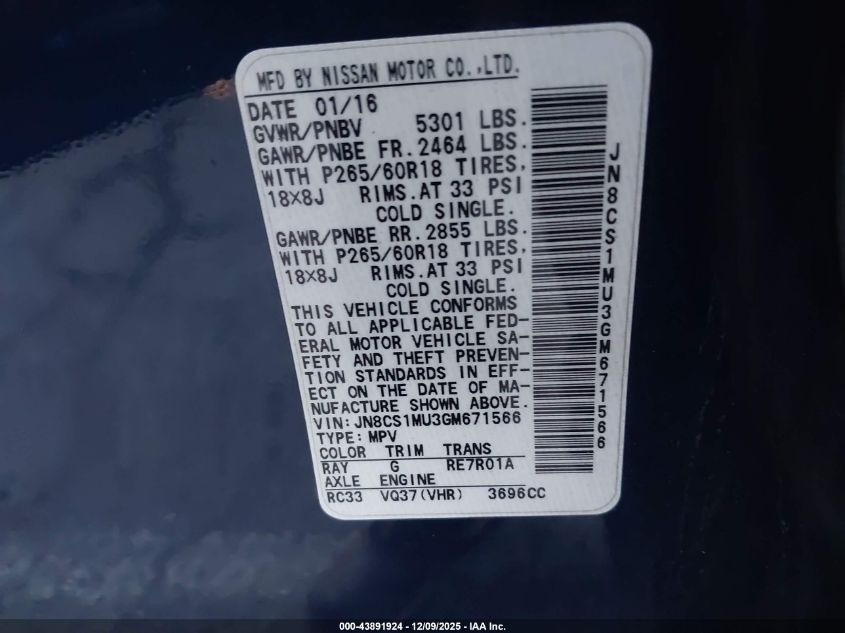 2016 Infiniti Qx70 VIN: JN8CS1MU3GM671566 Lot: 43891924