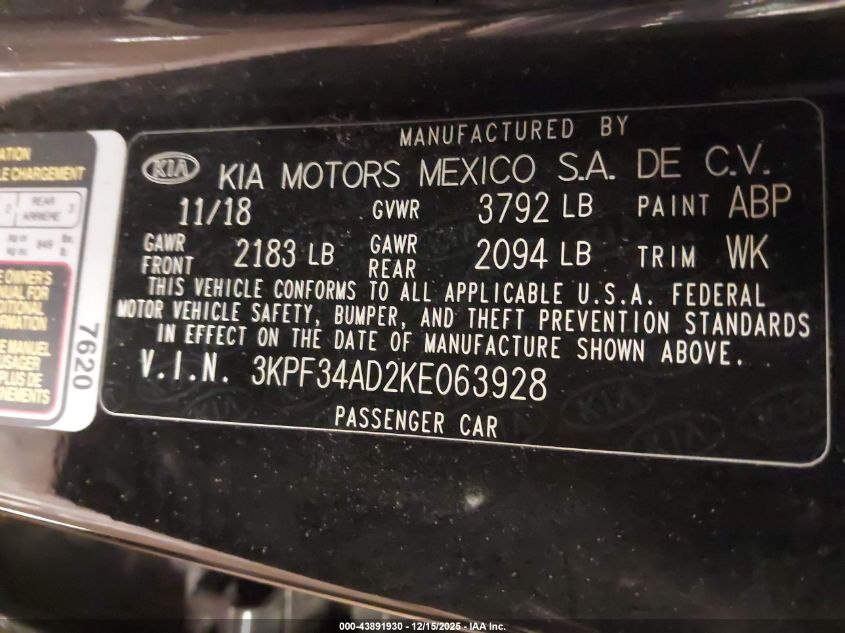 2019 Kia Forte S VIN: 3KPF34AD2KE063928 Lot: 43891930