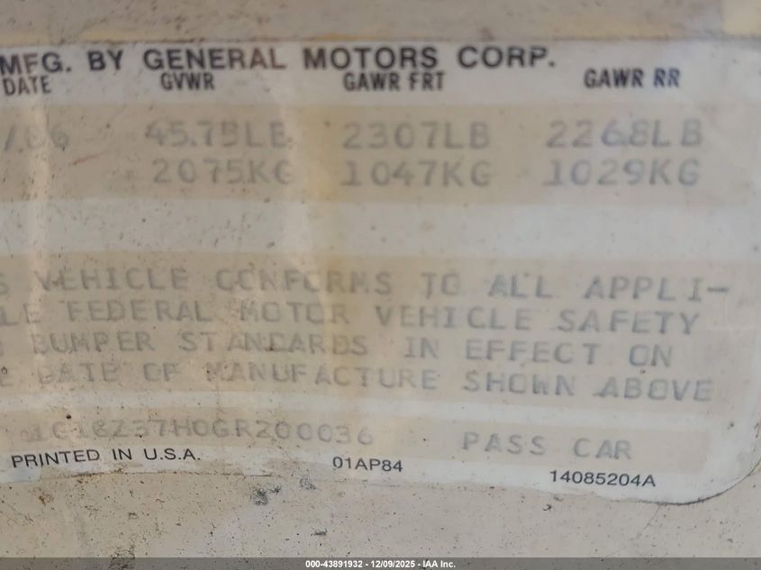 1986 Chevrolet Monte Carlo VIN: 1G1GZ3780GR200036 Lot: 43891932