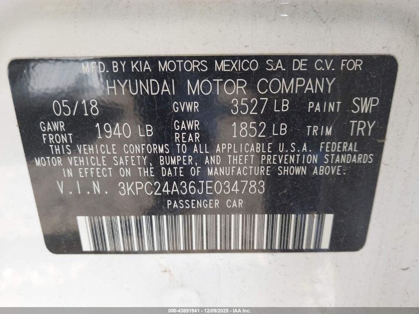 2018 Hyundai Accent Se VIN: 3KPC24A36JE034783 Lot: 43891941