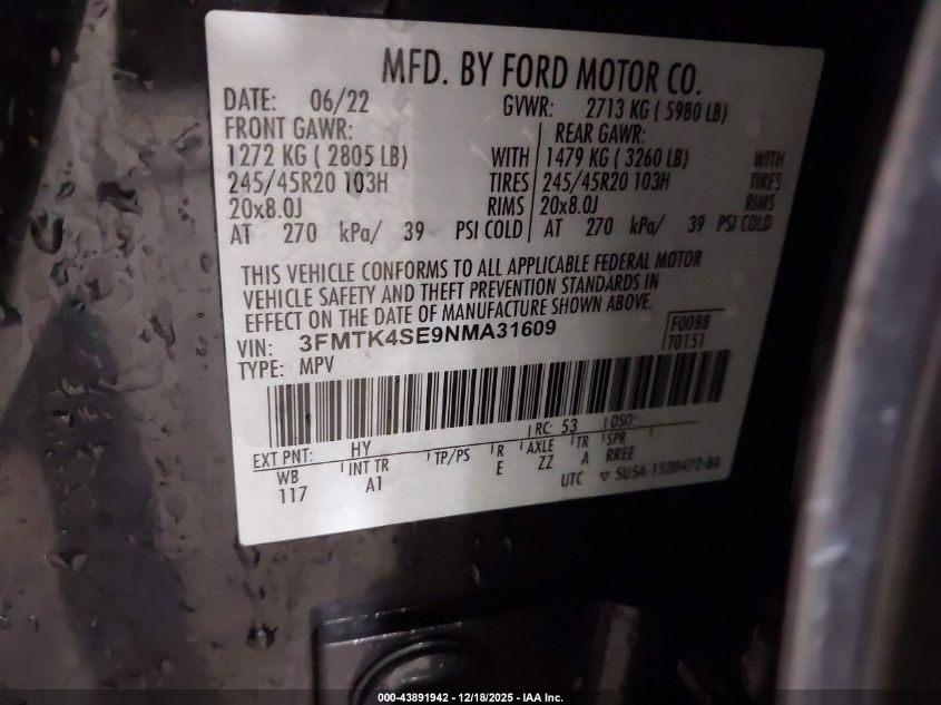 2022 Ford Mustang Mach-E Gt VIN: 3FMTK4SE9NMA31609 Lot: 43891942