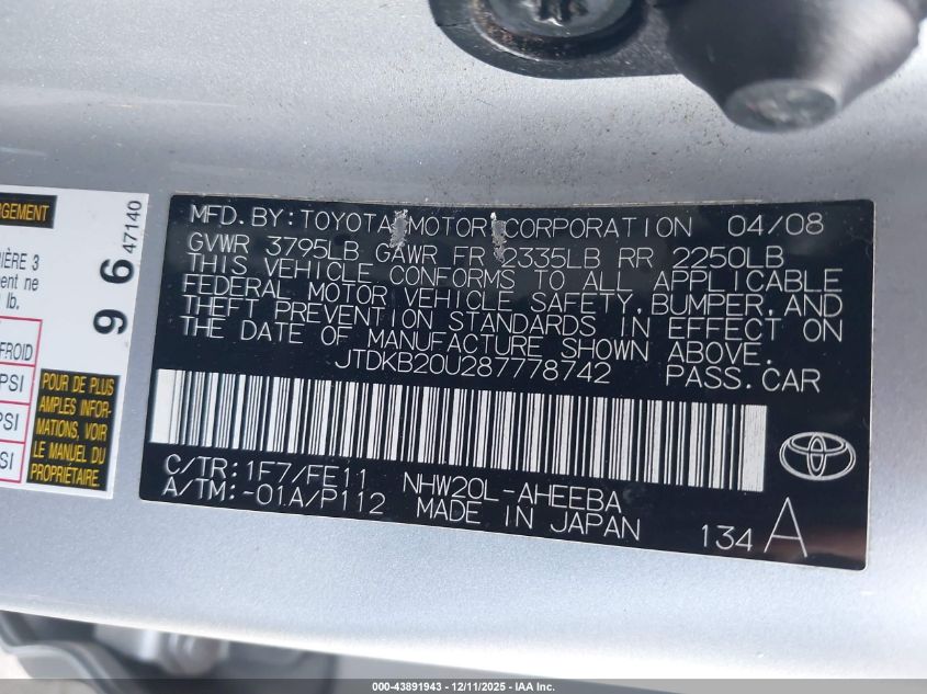 2008 Toyota Prius Touring VIN: JTDKB20U287778742 Lot: 43868894