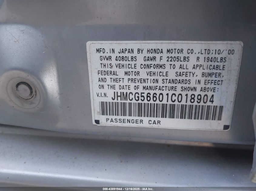 2001 Honda Accord 2.3 Ex VIN: JHMCG56601C018904 Lot: 43891944