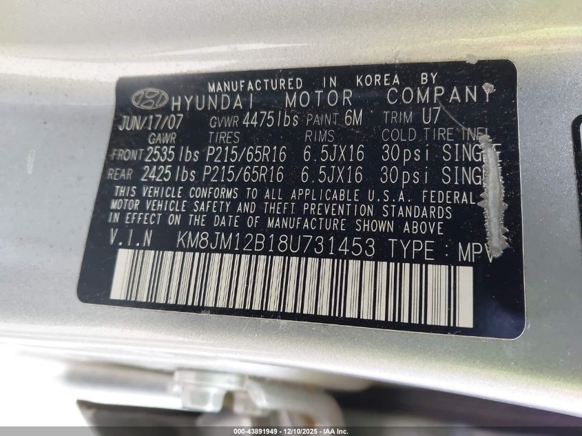 2008 Hyundai Tucson Gls VIN: KM8JM12B18U731453 Lot: 43891949