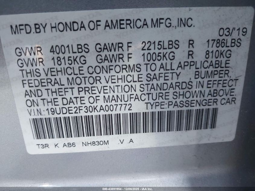 2019 Acura Ilx Standard VIN: 19UDE2F30KA007772 Lot: 43891954