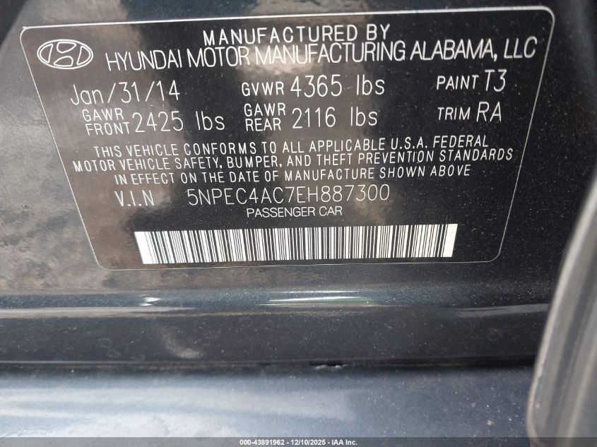 2014 Hyundai Sonata Se VIN: 5NPEC4AC7EH887300 Lot: 43891962