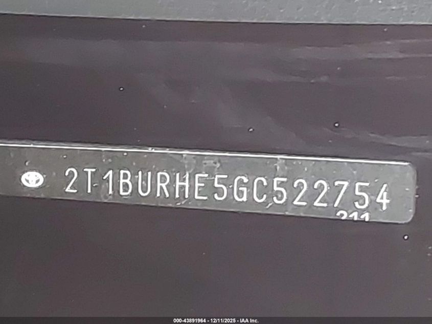 2016 Toyota Corolla S Plus VIN: 2T1BURHE5GC522754 Lot: 43891964